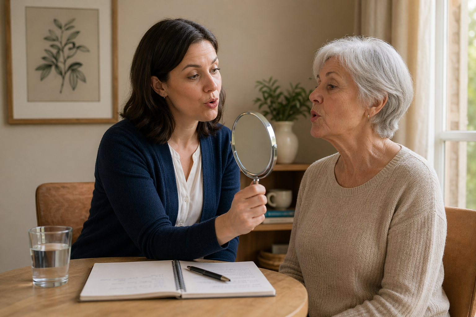 A speech pathologist supporting an adult client during a rehabilitation session