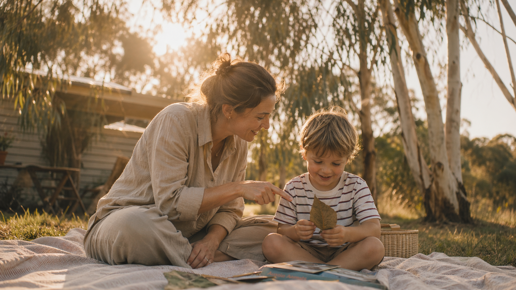 A speech pathologist working outdoors with a child in the golden afternoon light